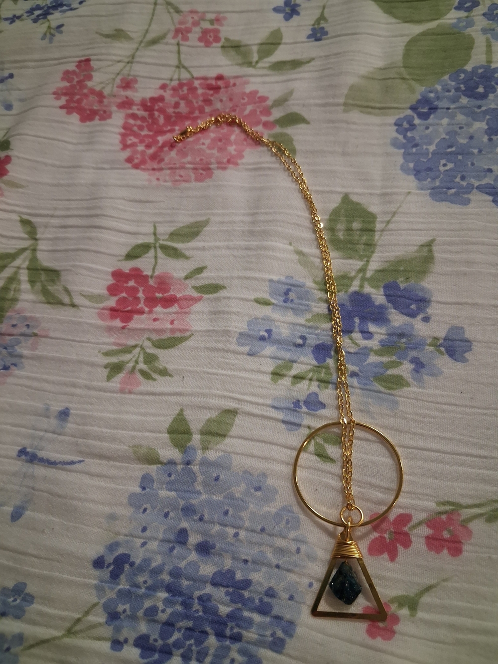 Gold Triangle Pendant Necklace with Dark Teal Stone
